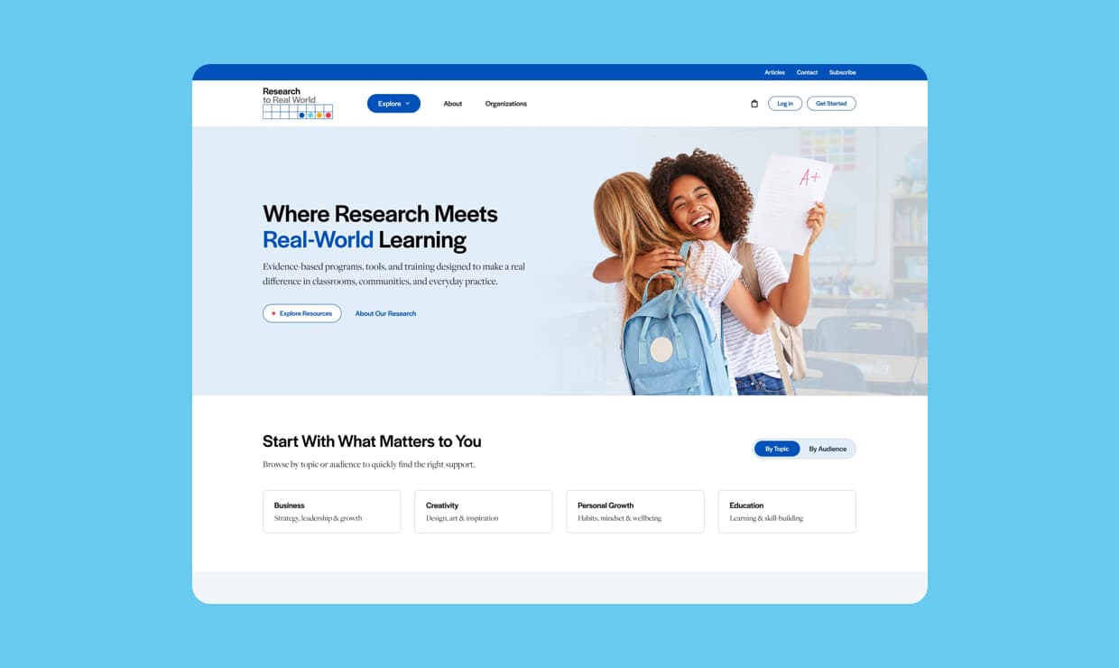 Research to Real World  - Educational Website - Homepage Preview